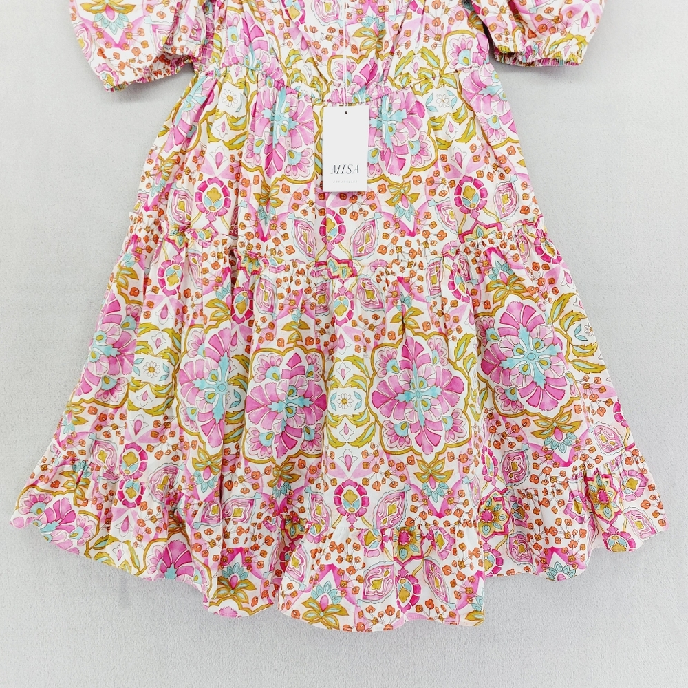 NEW MISA Kayla Pink Summer Floral Puff Sleeve Mini Dress P3893 - Picture 3 of 11